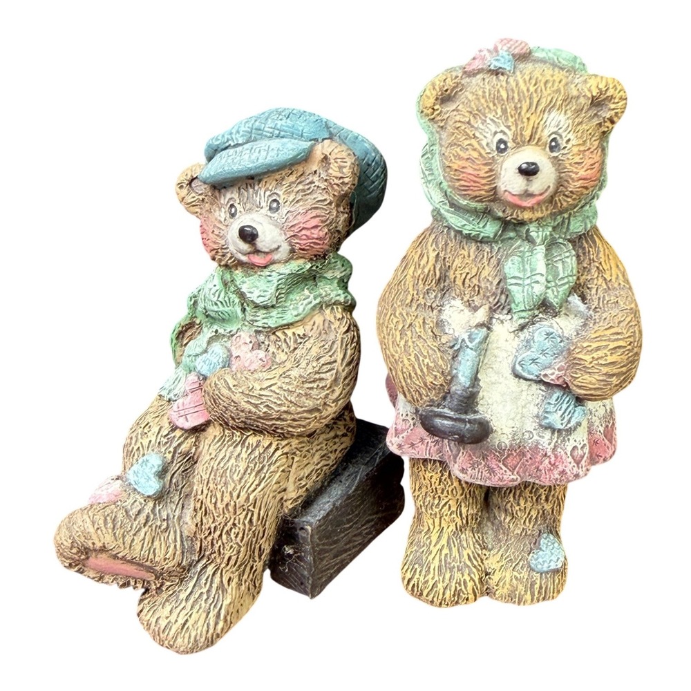 Sarahs Attic Bear Figurine Set Limited Edition Heart Accents 2 Piece 1990 VTG